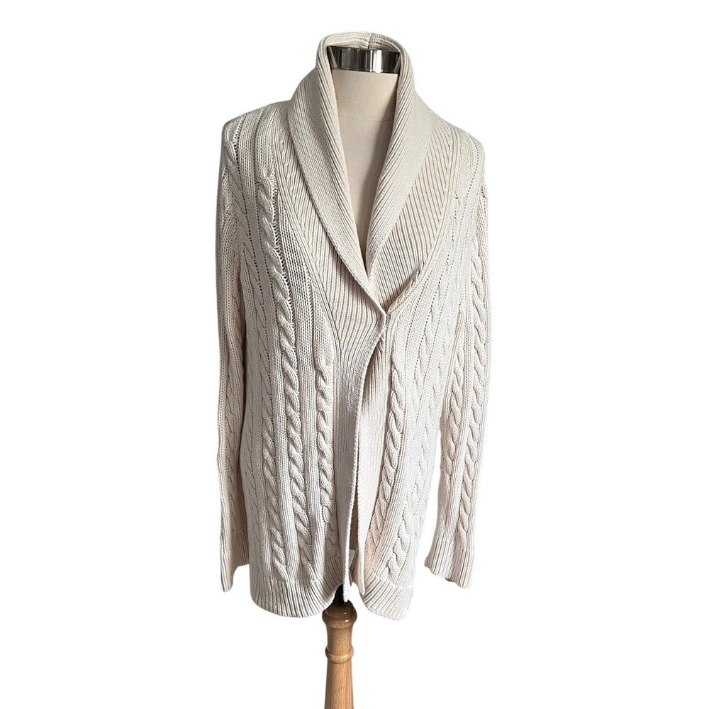 Talbots 100% Cotton Ivory Cable Knit Shawl Collar Knit Open Cardigan Size Large
